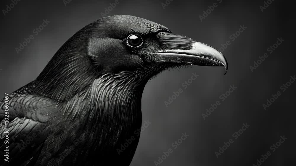 A close-up portrait of a crow with a dark background