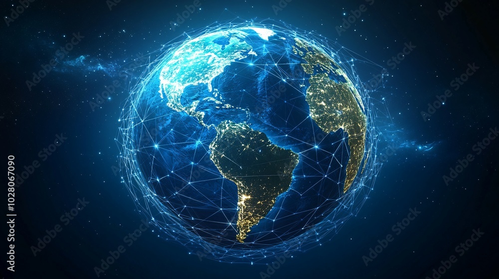 A Blue Earth Globe with a Network of Lines and Nodes A Blue Earth Globe with a Network of Lines and Nodes