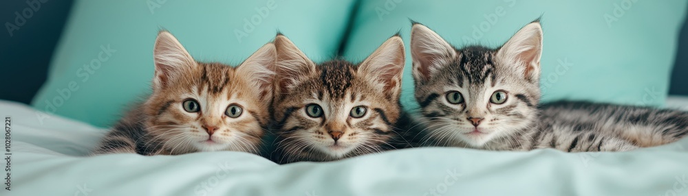 Three playful kittens resting together on a soft bed, showcasing their adorable expressions and unique fur patterns. Three playful kittens resting together on a soft bed, showcasing their adorable expressions and unique fur patterns.