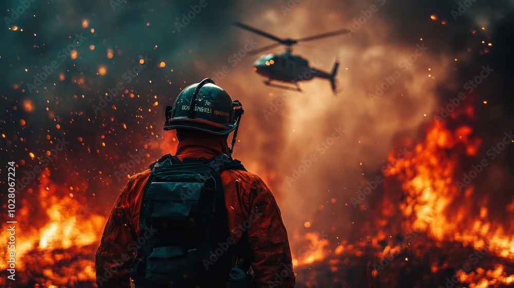 Firefighter in protective gear facing raging wildfire, helicopter dumping water overhead, intense smoke and flames behind, representing the frontline battle Firefighter in protective gear facing raging wildfire, helicopter dumping water overhead, intense smoke and flames behind, representing the frontline battle