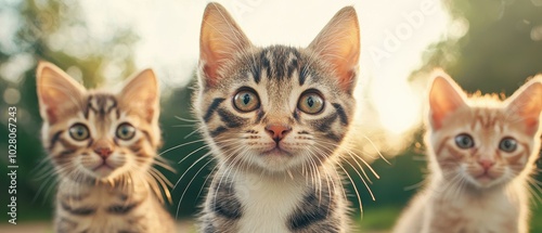 Three playful kittens with large eyes and distinct stripes, captured in a sunny outdoor setting.