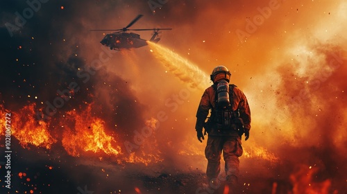 Firefighter in protective gear facing raging wildfire, helicopter dumping water overhead, intense smoke and flames behind, representing the frontline battle