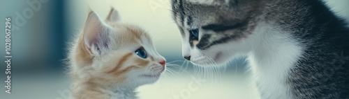 Two adorable kittens looking at each other with curiosity and affection, soft focus, lovely bond.