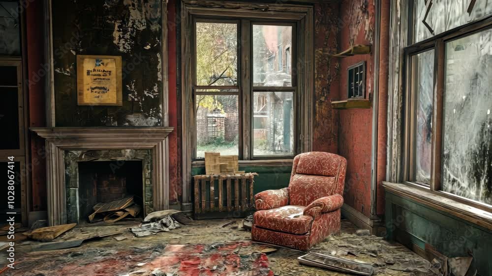 A red armchair sits in a dilapidated room with a fireplace and a window overlooking a yard A red armchair sits in a dilapidated room with a fireplace and a window overlooking a yard