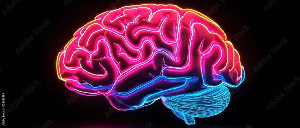 Vibrant neon brain graphic representing creativity and intelligence, on a dark background. Vibrant neon brain graphic representing creativity and intelligence, on a dark background.