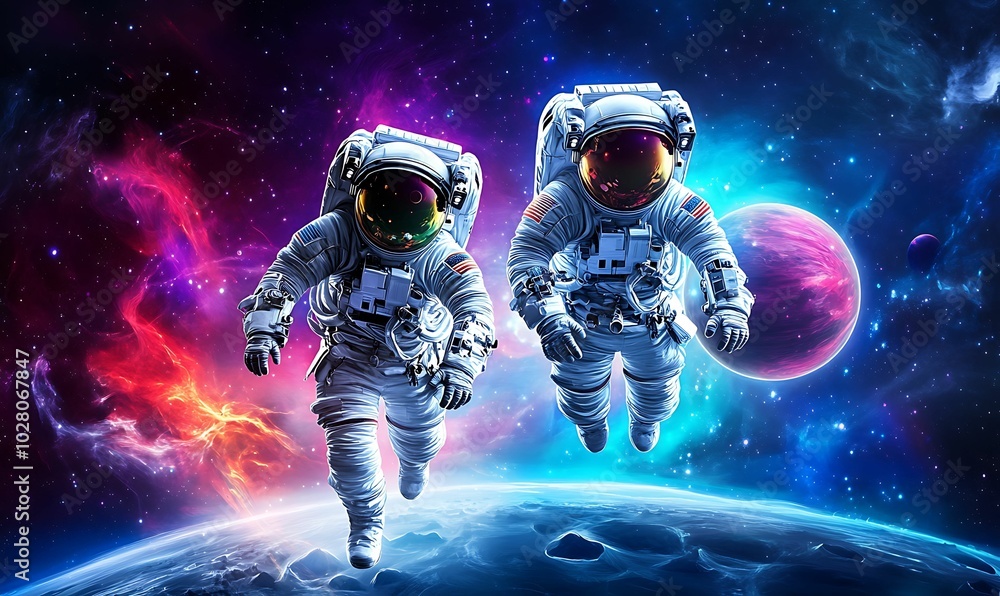 Astronauts exploring a vibrant cosmic landscape Astronauts exploring a vibrant cosmic landscape