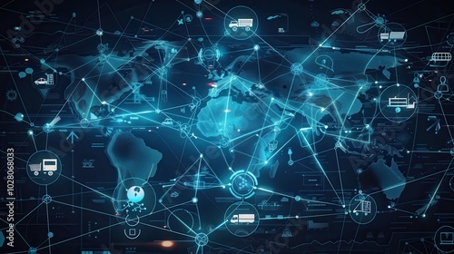 A world map displaying highlighted transport routes with icons representing different types of transportation across major connections. Generative AI