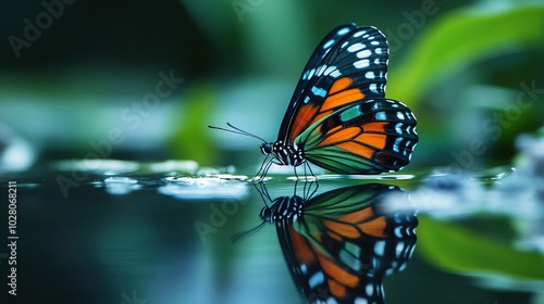 A delicate butterfly with vibrant wings gently perched by a still pond, its colorful reflection mirrored perfectly in the water beneath. The calm scene emphasizes the fragile beauty of nature. 