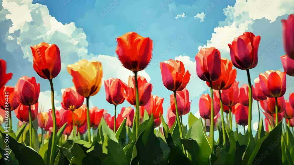 Red and yellow tulips reach towards the sky, bathed in the bright sun Red and yellow tulips reach towards the sky, bathed in the bright sun