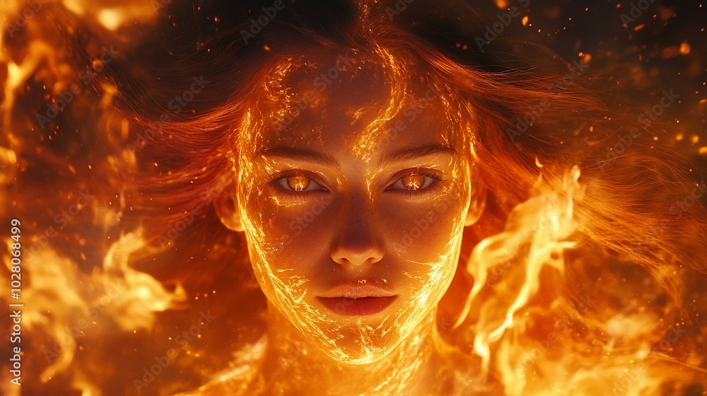 A woman's face is engulfed in flames, her eyes glowing with power. A woman's face is engulfed in flames, her eyes glowing with power.