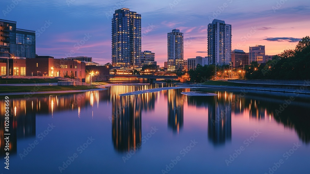 Naklejka premium A stunning image of a modern city skyline reflected perfectly on the calm surface of a river at dusk. The towering buildings, illuminated windows, and soft glow of streetlights create mirrored reflect