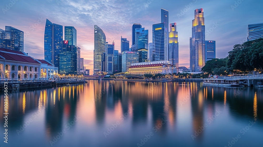Fototapeta premium A stunning image of a modern city skyline reflected perfectly on the calm surface of a river at dusk. The towering buildings, illuminated windows, and soft glow of streetlights create mirrored reflect