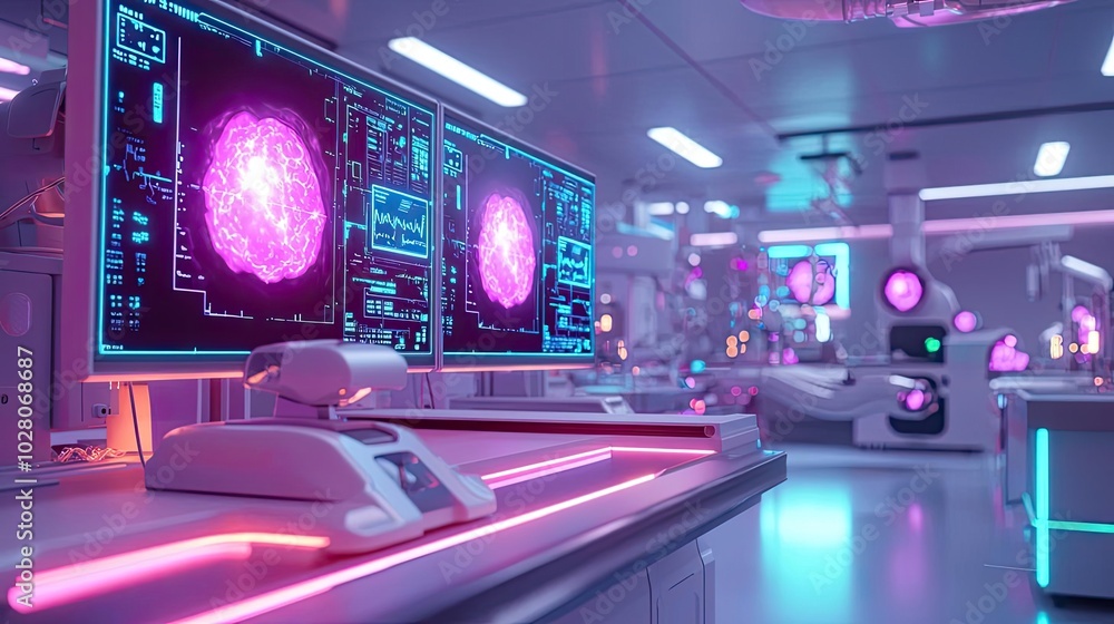 Futuristic laboratory with advanced technology, glowing screens, and vibrant neon lights, showcasing scientific innovation. Futuristic laboratory with advanced technology, glowing screens, and vibrant neon lights, showcasing scientific innovation.