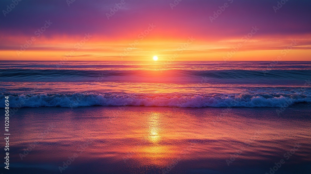 Enchanting sunset with brilliant orange and purple hues reflecting on water. Enchanting sunset with brilliant orange and purple hues reflecting on water.