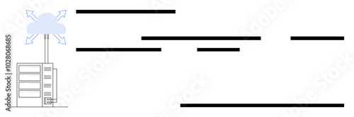 Server rack connected to a cloud with arrows indicating data flow. Ideal for IT infrastructure, data management, cloud computing, network connectivity, and technology. Simple vector art style