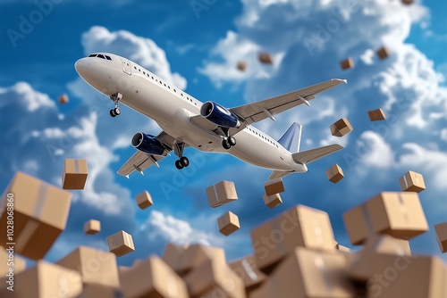 An airplane flying amidst clouds with falling cardboard boxes, symbolizing air cargo and logistics.