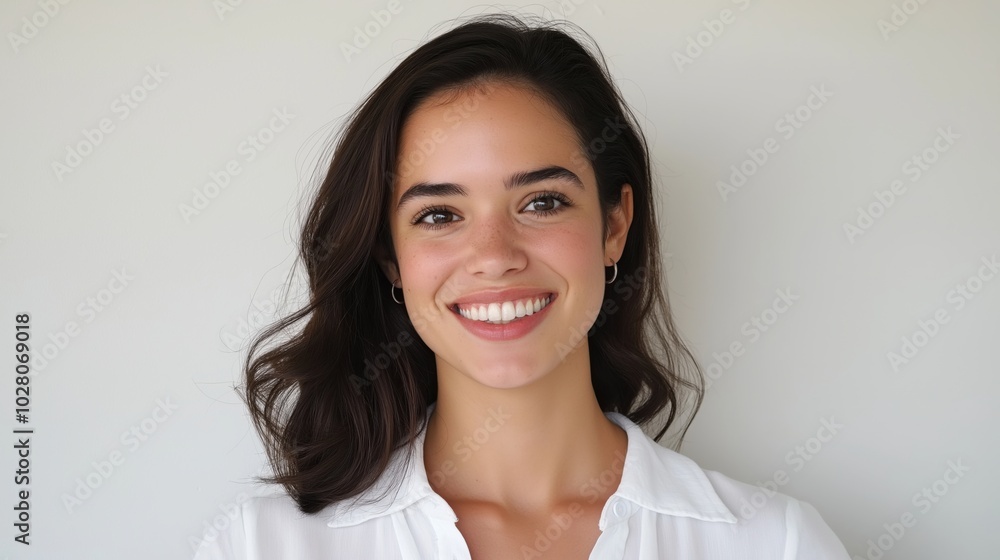 Portrait of smiling young woman in white shirt for professional use Portrait of smiling young woman in white shirt for professional use