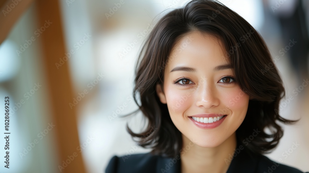 Professional smiling japanese female office worker in business environment Professional smiling japanese female office worker in business environment