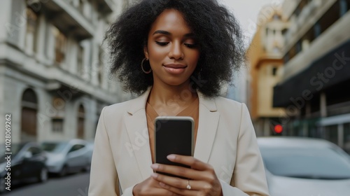 Professional woman engaged with smartphone for business communication in urban setting