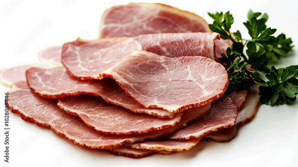 Thinly sliced ham arranged on a white plate with parsley sprigs beside it Thinly sliced ham arranged on a white plate with parsley sprigs beside it