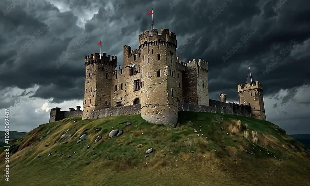 Medieval castle with tall stone towers and fortified walls perched on a rugged hilltop under a stormy sky Medieval castle with tall stone towers and fortified walls perched on a rugged hilltop under a stormy sky