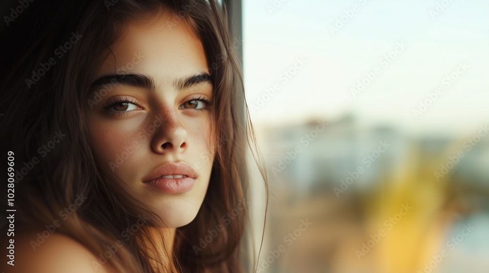 Serene beauty portrait of a young woman by a sunlit window for digital media and beauty industry use Serene beauty portrait of a young woman by a sunlit window for digital media and beauty industry use