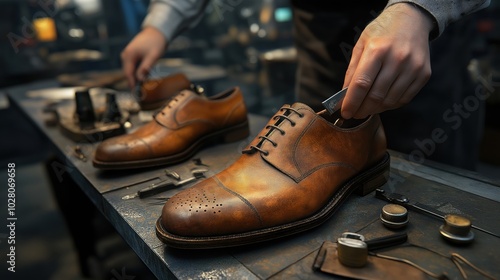 Shoemaker crafting leather shoes in workshop for artisan footwear design and repair