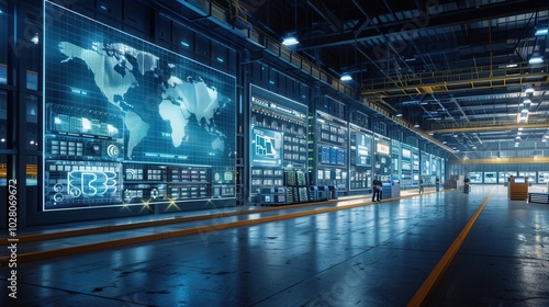 The control center features large screens monitoring delivery routes and logistics data, efficiently managing operations in real time. Generative AI