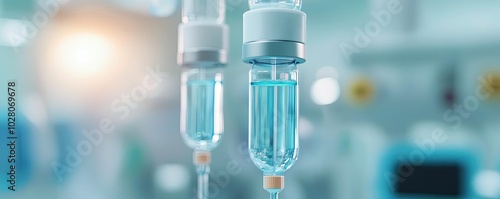 Close-up of a medical IV drip with clear fluid, highlighting healthcare and treatment in a clinical environment.