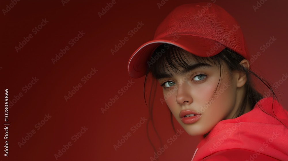 Sporty fashion portrait of young woman in red cap for spring design projects Sporty fashion portrait of young woman in red cap for spring design projects