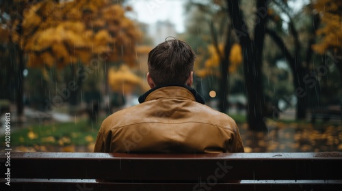 Solitude in autumn: reflective moment on a rainy day in the park