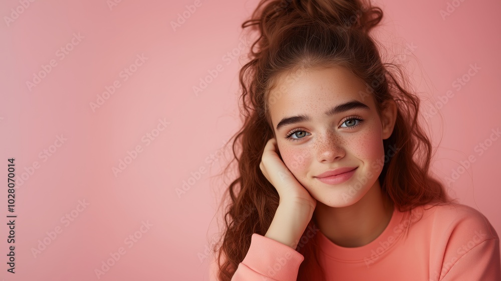Spring beauty portrait: casual elegance on pink background for fashion and lifestyle Spring beauty portrait: casual elegance on pink background for fashion and lifestyle