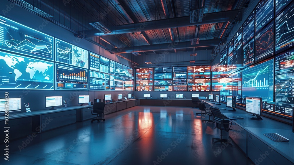 The control center features large displays showing logistics data and routes, supporting efficient delivery operations. Generative AI The control center features large displays showing logistics data and routes, supporting efficient delivery operations. Generative AI