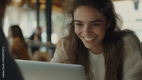 Spring communication: smiling woman using laptop in modern workspace