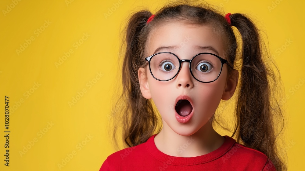 Surprised schoolgirl portrait on vibrant yellow background for educational design Surprised schoolgirl portrait on vibrant yellow background for educational design