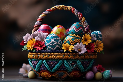 3D model of a colorful Easter basket, filled with digitally rendered eggs and flowers, with detailed textures and lighting that give it a lifelike feel in a virtual environment photo