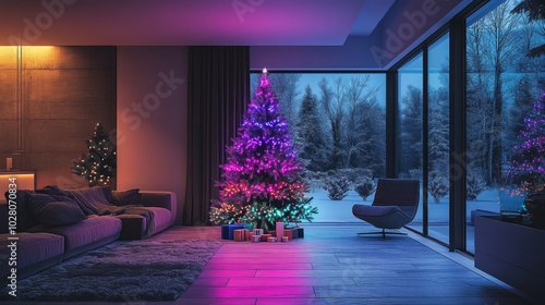 Tech-savvy Christmas tree with programmable RGB lights, casting synchronized hues of color in time with holiday tunes, set in a stylish, modern living room