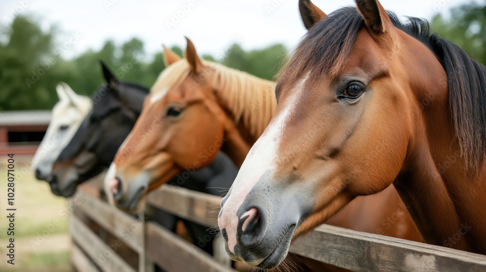 Well-groomed horses in stable for spring harmony and equestrian beauty Well-groomed horses in stable for spring harmony and equestrian beauty