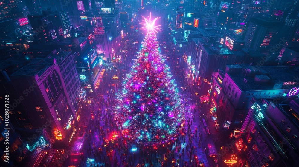 Obraz premium A cyberpunk Christmas tree, wrapped in digital lights and holographic garlands, surrounded by high-tech drones projecting vibrant colors. Cyberpunk, Neon Lights, 3D Render, Night City