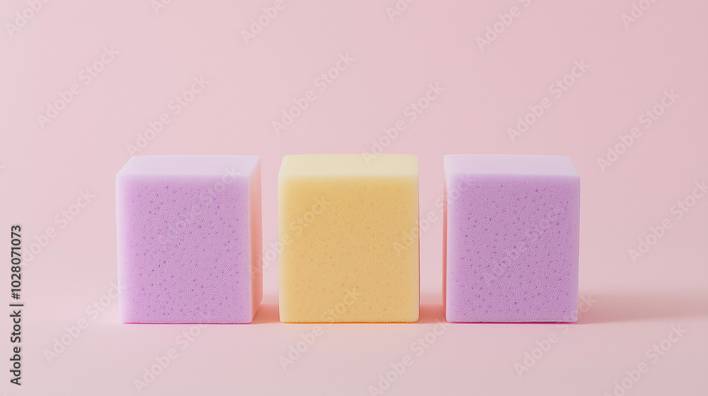 a front, slightly angled view of three kitchen sponges placed upright and spaced equally in the center of a soft pink background a front, slightly angled view of three kitchen sponges placed upright and spaced equally in the center of a soft pink background