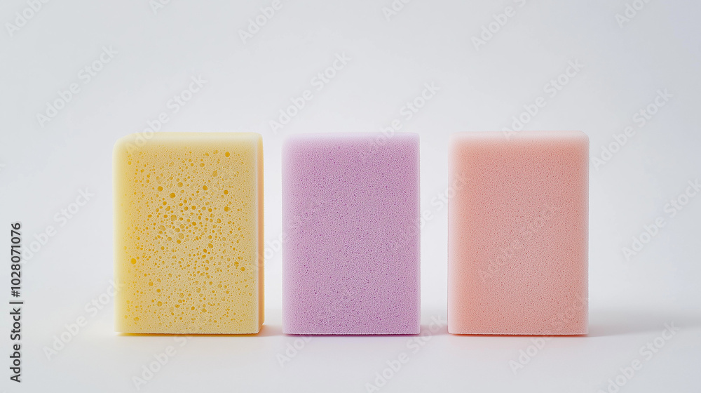 a front, slightly angled view of three kitchen sponges placed upright and spaced equally in the center of a white background a front, slightly angled view of three kitchen sponges placed upright and spaced equally in the center of a white background