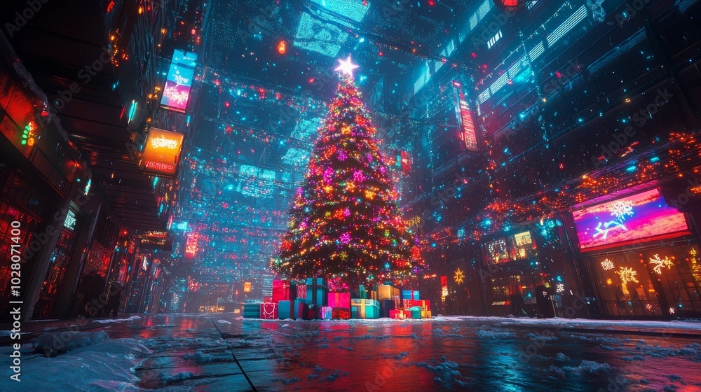 Obraz premium A Christmas tree in a virtual world, radiating vibrant, shifting lights, with augmented reality presents beneath it. Surrounded by holographic snow. Futuristic, Cyberpunk, Neon hues