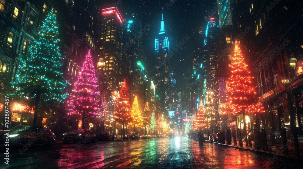 Fototapeta premium Christmas lights in red, green, yellow, and blue, glowing with vibrant holographic energy, high-tech reflections in metallic surfaces, Cyberpunk, Neon, 3D Render