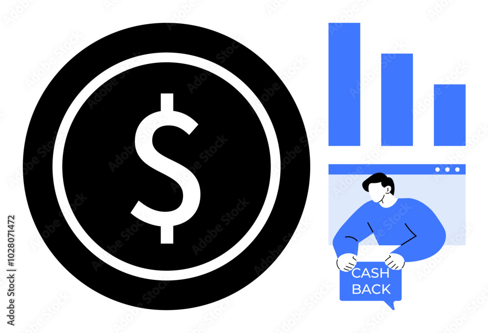 Fototapeta premium Large dollar sign beside person holding cash back card and bar graphs, suggesting financial concepts, growth measurement, personal finance, cash back, savings, and investment opportunities. Ideal for