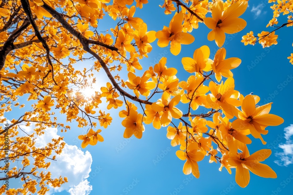A flock of yellow birds flying across a bright blue sky, their feathers glowing in the sunlight, creating a cheerful and lively scene A flock of yellow birds flying across a bright blue sky, their feathers glowing in the sunlight, creating a cheerful and lively scene