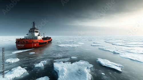 Icebreaker ship navigating through icy waters under dramatic skies.