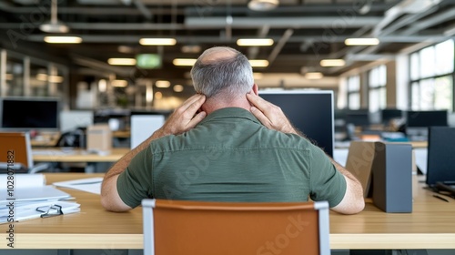 Frustrated office worker sitting at desk, back view in modern workspace.