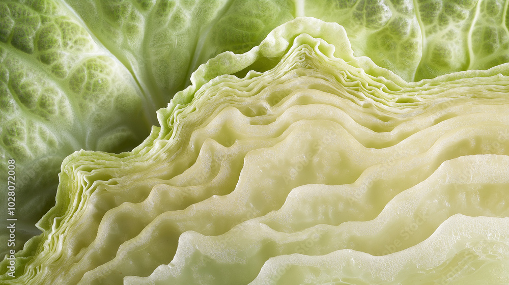 Obraz premium brussels sprout slice (full-screen cross-section): a close-up, full-screen view of a single slice of brussels sprout, showcasing its tightly packed, pale green leaves