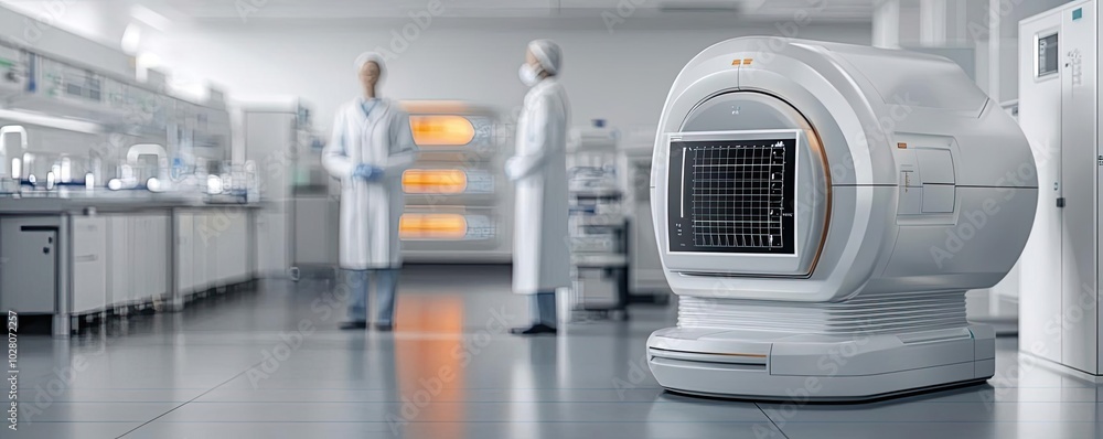 Medical laboratory with advanced imaging equipment and scientists in white coats. Medical laboratory with advanced imaging equipment and scientists in white coats.
