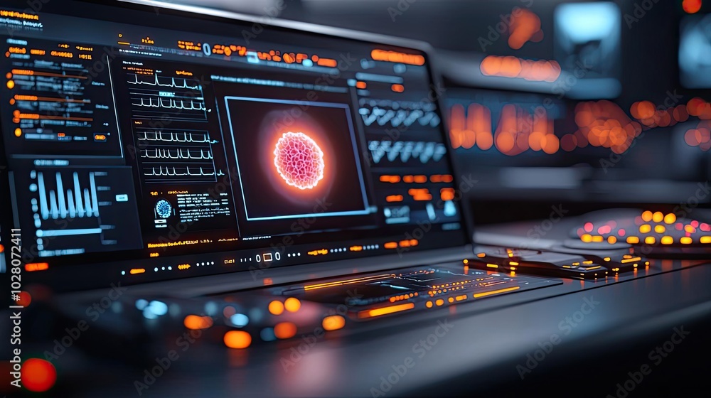 Futuristic control panel displaying dynamic data and graphs, dark environment. Futuristic control panel displaying dynamic data and graphs, dark environment.